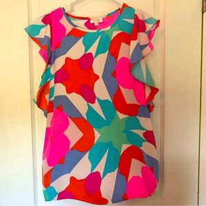 Britt Ryan Silk Top Ruffle Flutter Sleeve XS Bright Preppy Flowy Blouse